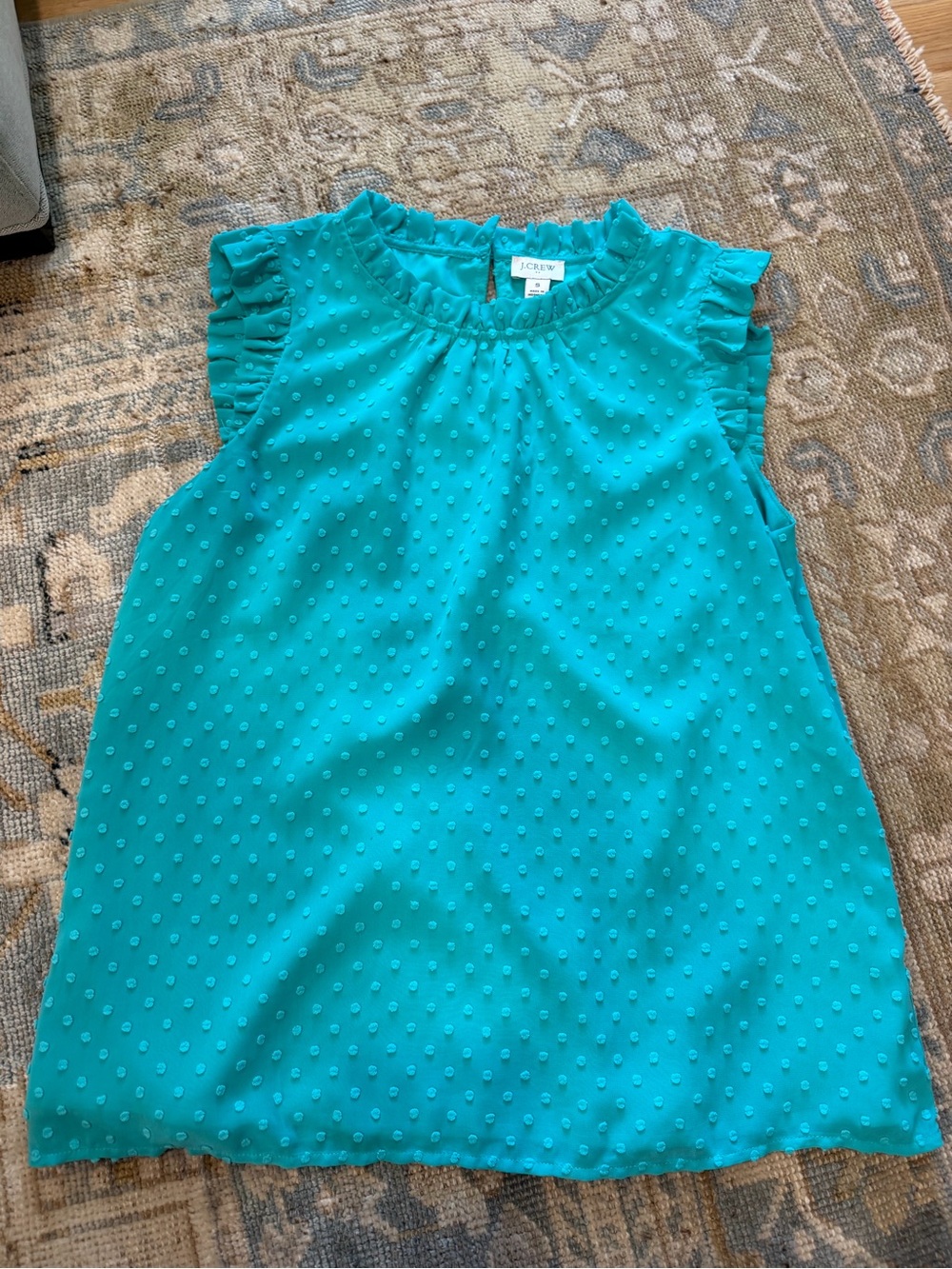 J.Crew Teal Ruffle Sleeve Dot Tank Top